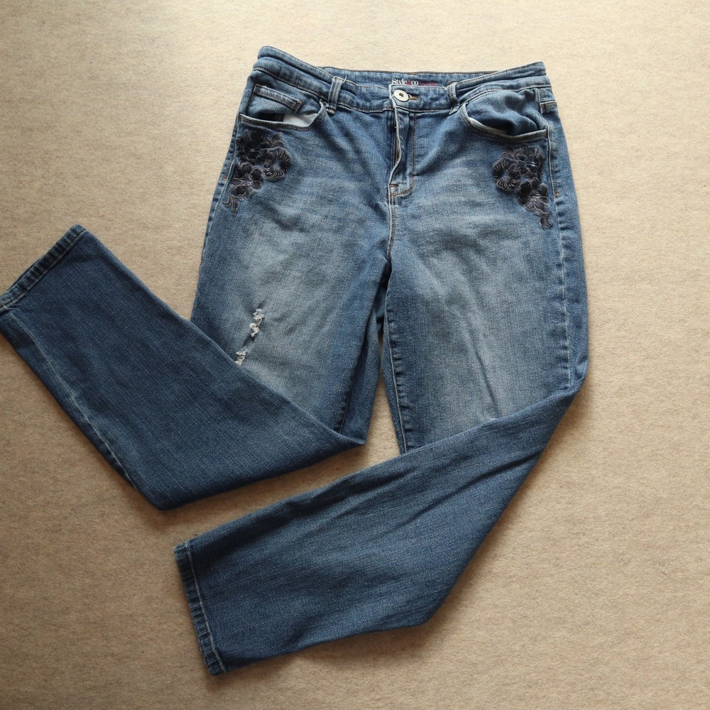 Style & Co Boyfriend Jeans 12 Distressed Modern Floral Embroidered Denim